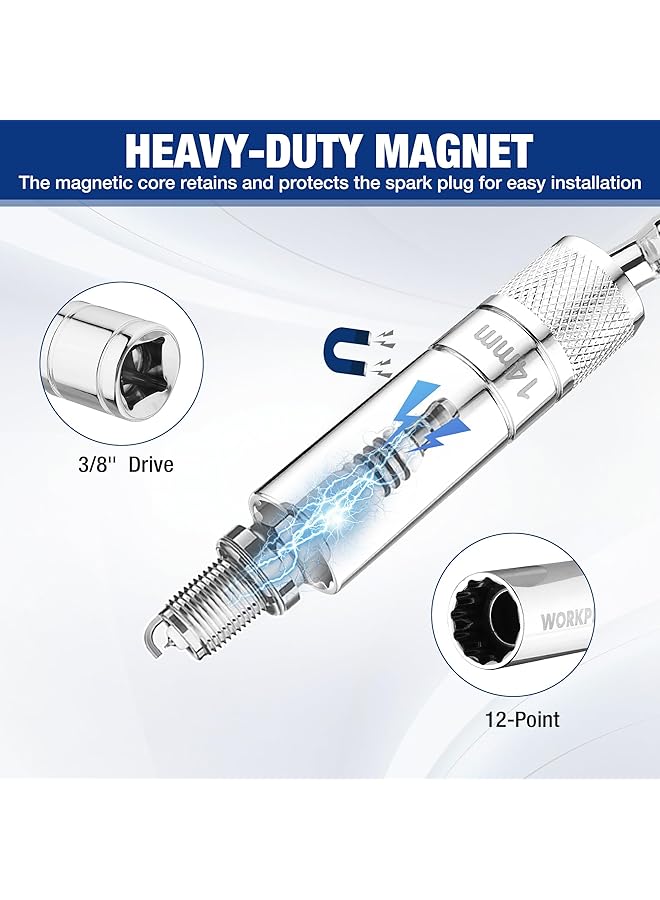 ووركبرو مقبس شمعة احتراق مغناطيسي 14 مم، أداة إزالة شمعة احتراق دوارة عالمية 12 نقطة، محرك 3/8 بوصة × 300 مم مرن ممتد لإصلاح السيارات - Image 5