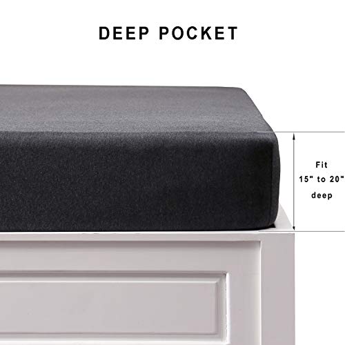 PURE ERA Jersey Knit Cotton Fitted Bottom Sheet ONLY (No Flat Sheet or Shams) Deep Pocket Up to 15" to 20" Ultra Soft Comfy Breathable Charcoal Black King - Image 3