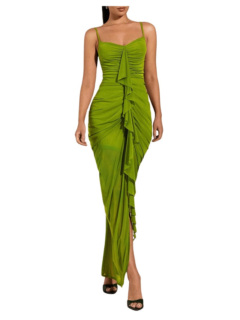 Floerns Women's Ruffle Ruched Cami Dress Draped Split Elegant Bodycon Maxi Dresses Green Small - Image 1