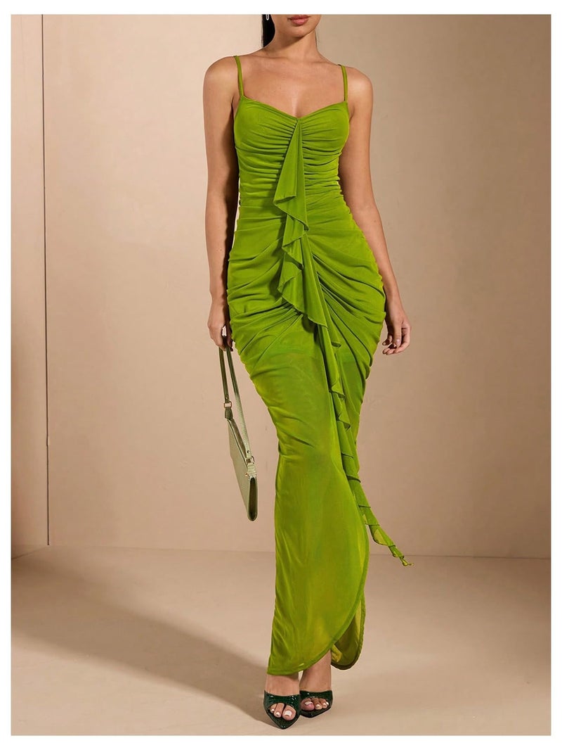 Floerns Women's Ruffle Ruched Cami Dress Draped Split Elegant Bodycon Maxi Dresses Green Small - Image 3