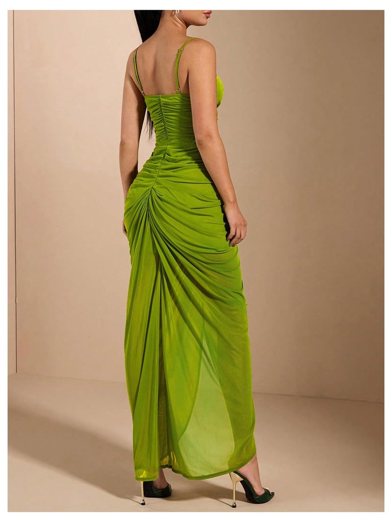 Floerns Women's Ruffle Ruched Cami Dress Draped Split Elegant Bodycon Maxi Dresses Green Small - Image 2