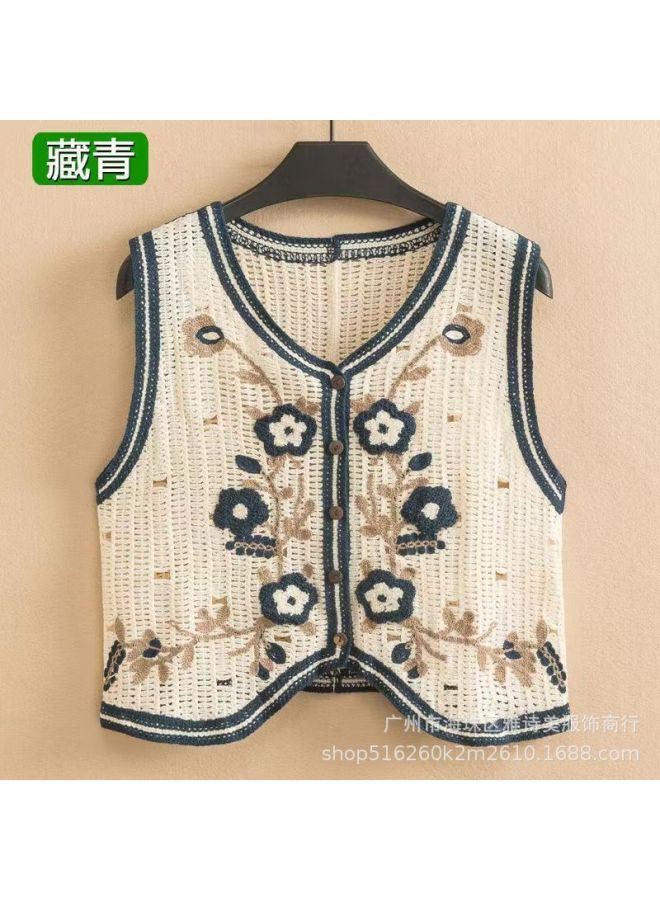 Hong Kong-style Western-style Fashion Crochet Hollow Sleeveless Vest Women's Winter V-neck Loose Slim-fit Striped Top