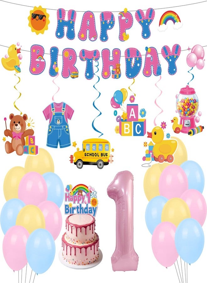 Aposwow Rachell Teacher 1st Birthday Decorations - 28 Pcs Cartoon English Teacher Rachel Girls Banners with Hanging Swirls Balloons Cake Topper Party Decoration for 1 Year Old Birthday Decor - Image 1