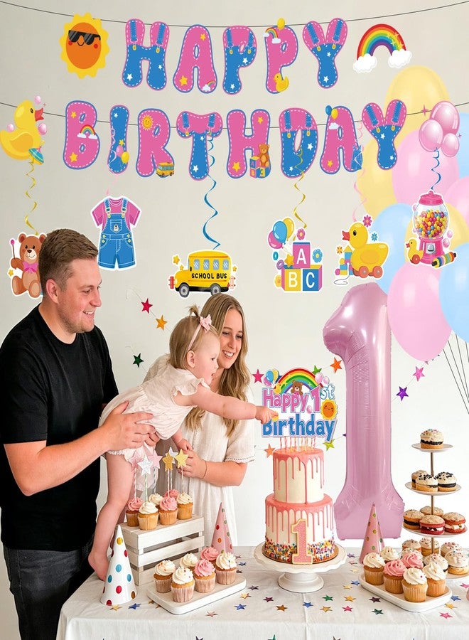Aposwow Rachell Teacher 1st Birthday Decorations - 28 Pcs Cartoon English Teacher Rachel Girls Banners with Hanging Swirls Balloons Cake Topper Party Decoration for 1 Year Old Birthday Decor - Image 4