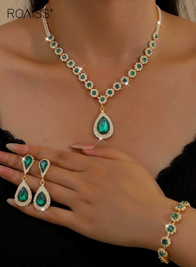 roaiss Crystal Bridal Wedding Jewelry Set, Sparkle Gold and Green Crystal Earrings Necklace Bracelet Jewelry Set, Crystal Formal Costume Jewelry Sets for Brides Women - Image 4