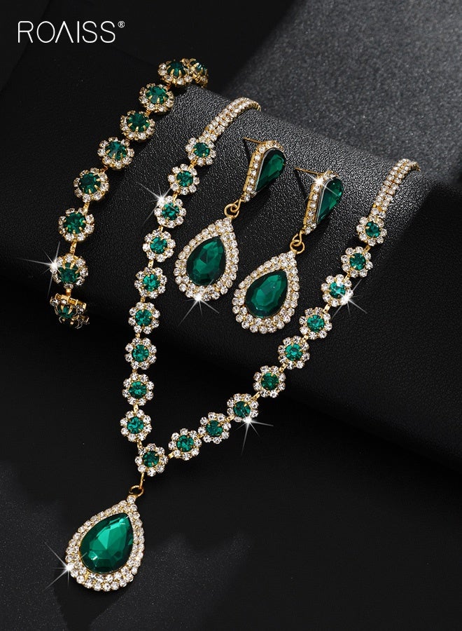 roaiss Crystal Bridal Wedding Jewelry Set, Sparkle Gold and Green Crystal Earrings Necklace Bracelet Jewelry Set, Crystal Formal Costume Jewelry Sets for Brides Women - Image 3
