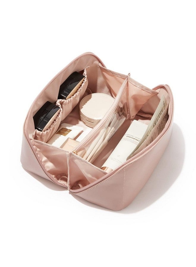 ABTRIX WITH AB Leather Travel Makeup Bag,Large Capacity Cosmetic Bags For Women, Waterproof Portable Pouch Open Flat Toiletry Bag Make Up Organizer With Divider And Handle, Multi Color (Pink) - Image 1