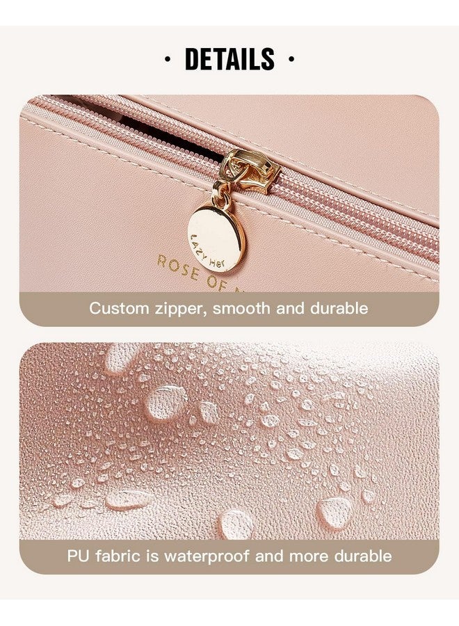 ABTRIX WITH AB Leather Travel Makeup Bag,Large Capacity Cosmetic Bags For Women, Waterproof Portable Pouch Open Flat Toiletry Bag Make Up Organizer With Divider And Handle, Multi Color (Pink) - Image 4
