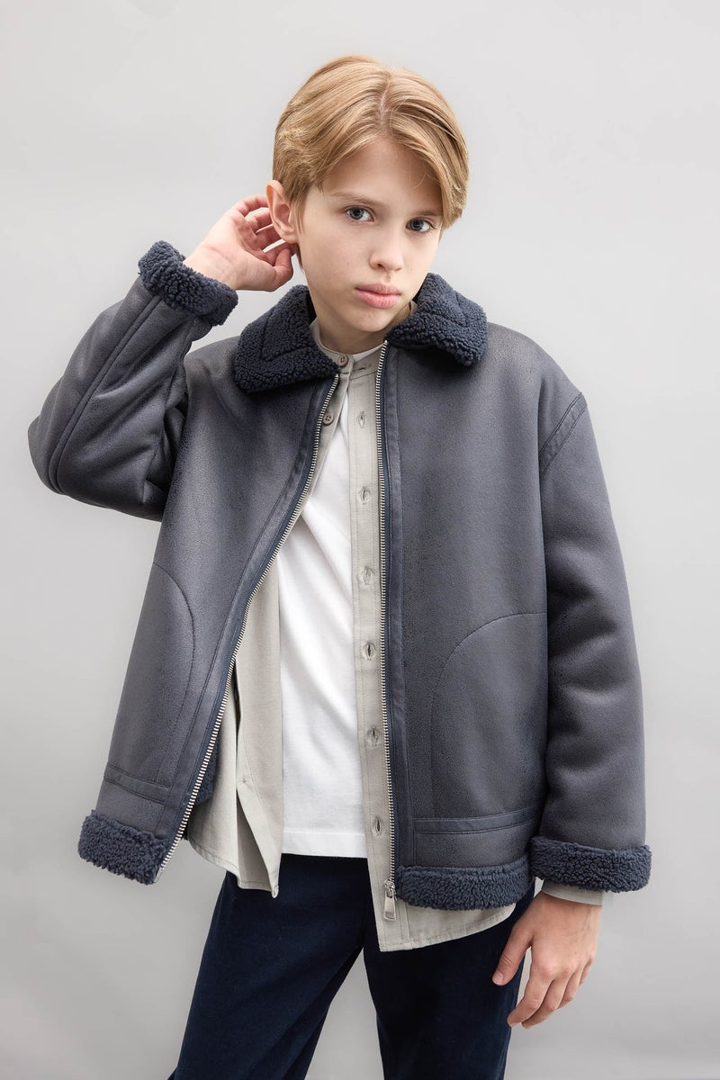 DeFacto Grey Boy Polo Collar Plush Faux Leather Jacket Casual - Image 1