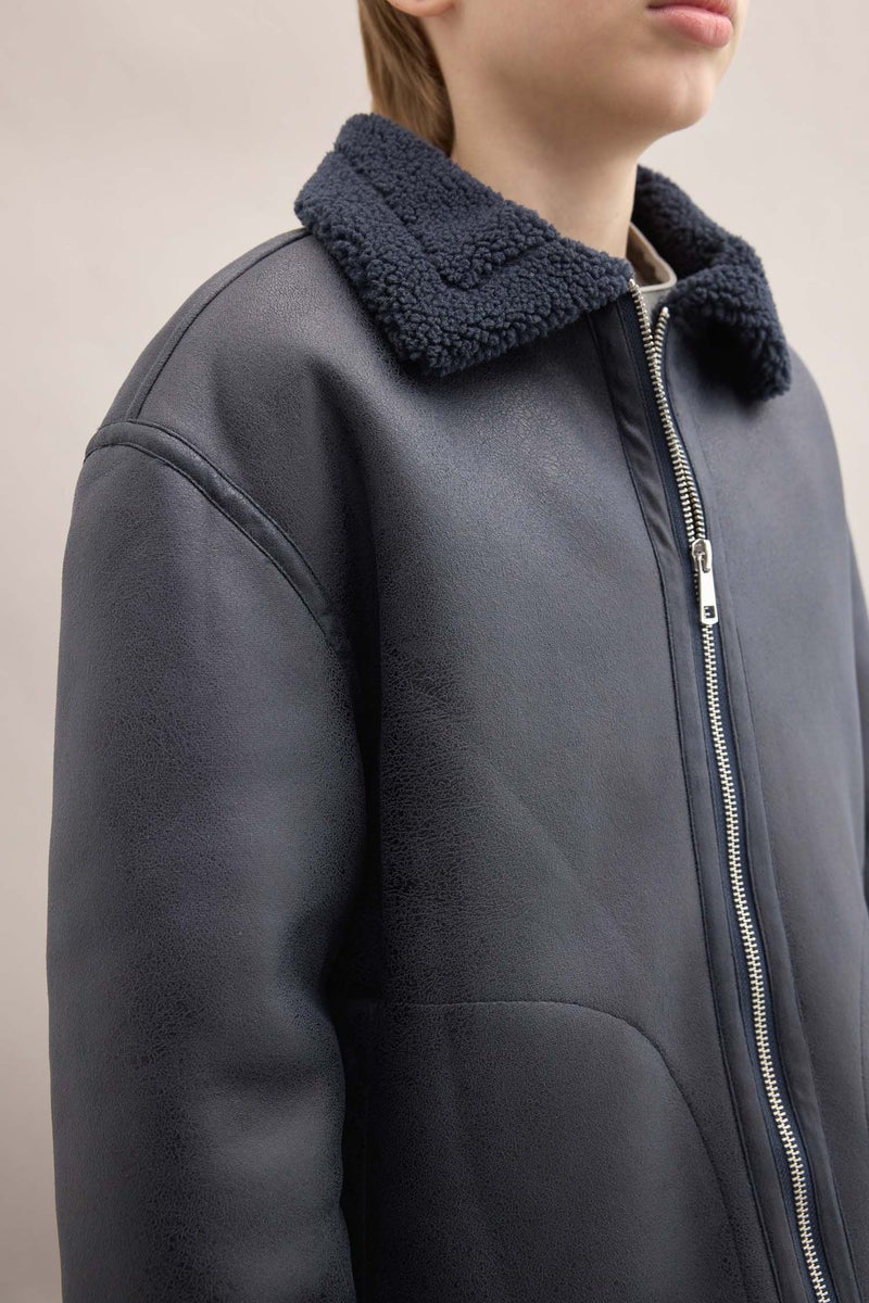 DeFacto Grey Boy Polo Collar Plush Faux Leather Jacket Casual - Image 3