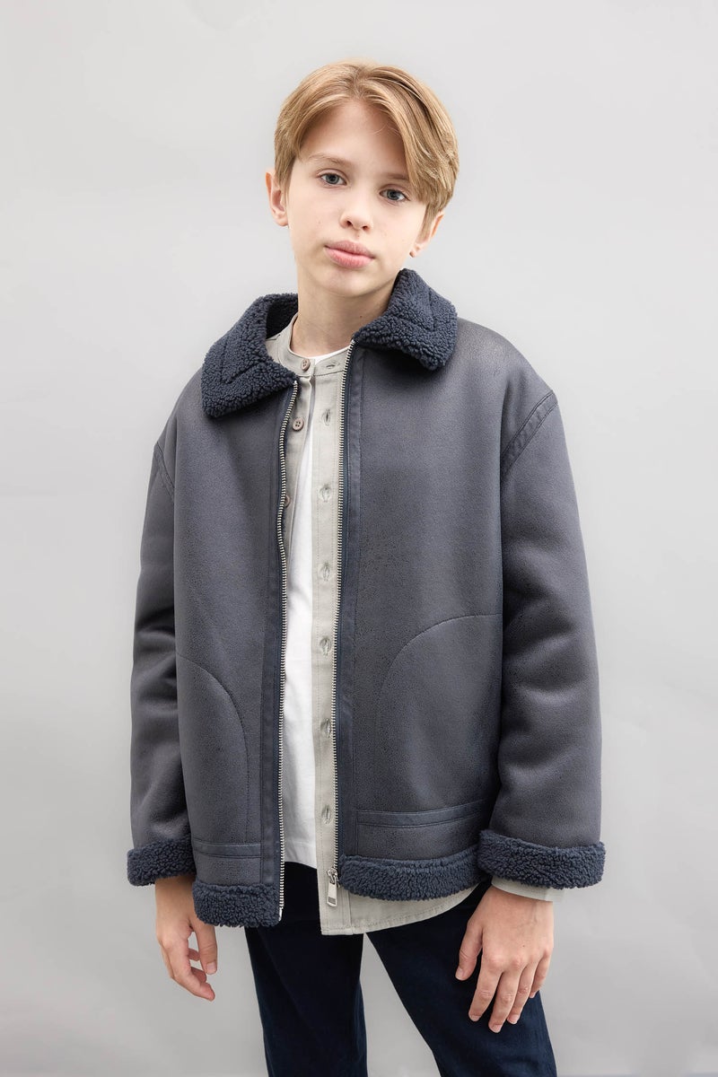 DeFacto Grey Boy Polo Collar Plush Faux Leather Jacket Casual - Image 5