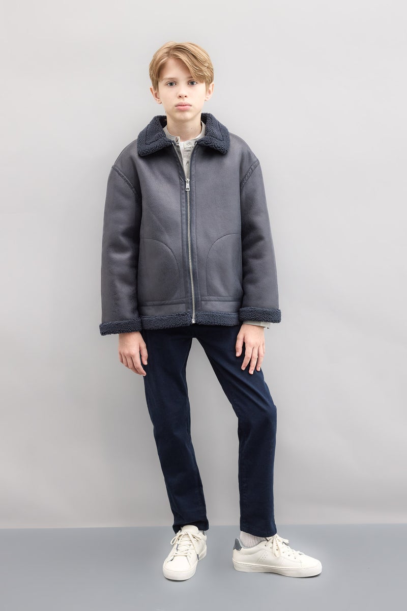 DeFacto Grey Boy Polo Collar Plush Faux Leather Jacket Casual - Image 4