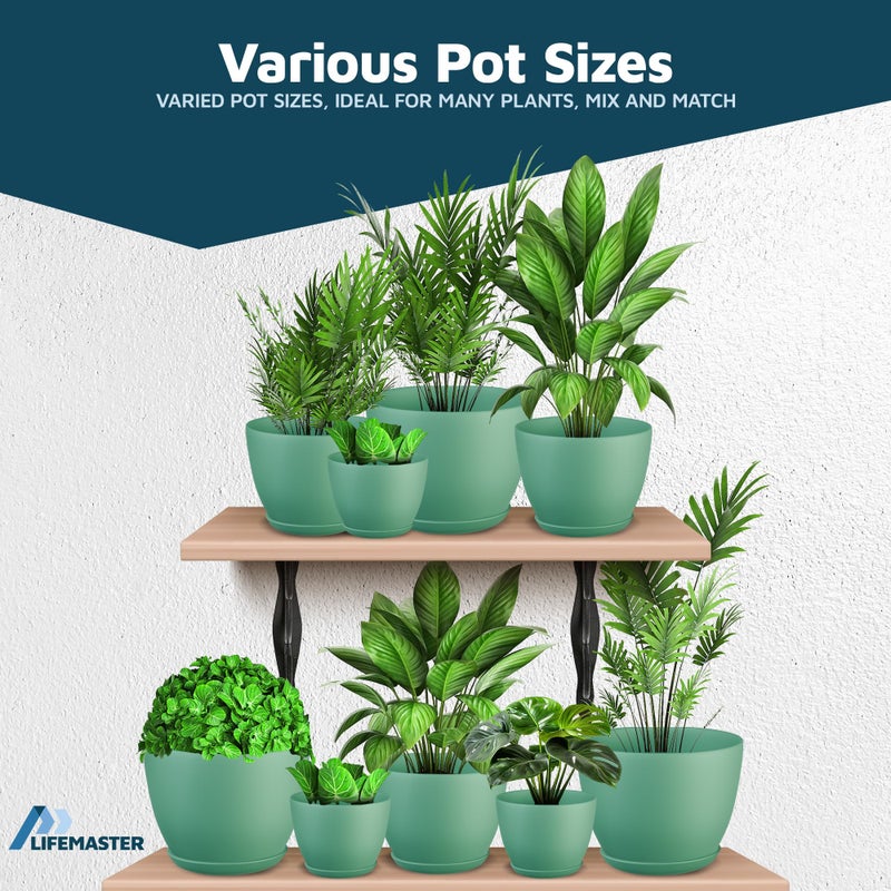 LifeMaster Mint Plant Pots with Drainage Holes & Saucers 3 Pack, Indoor & Outdoor Stackable Space-Saving Planters for Houseplants & Flowers, (7", 6.7", and 6" Inches), Durable & Weatherproof Materials - Image 4