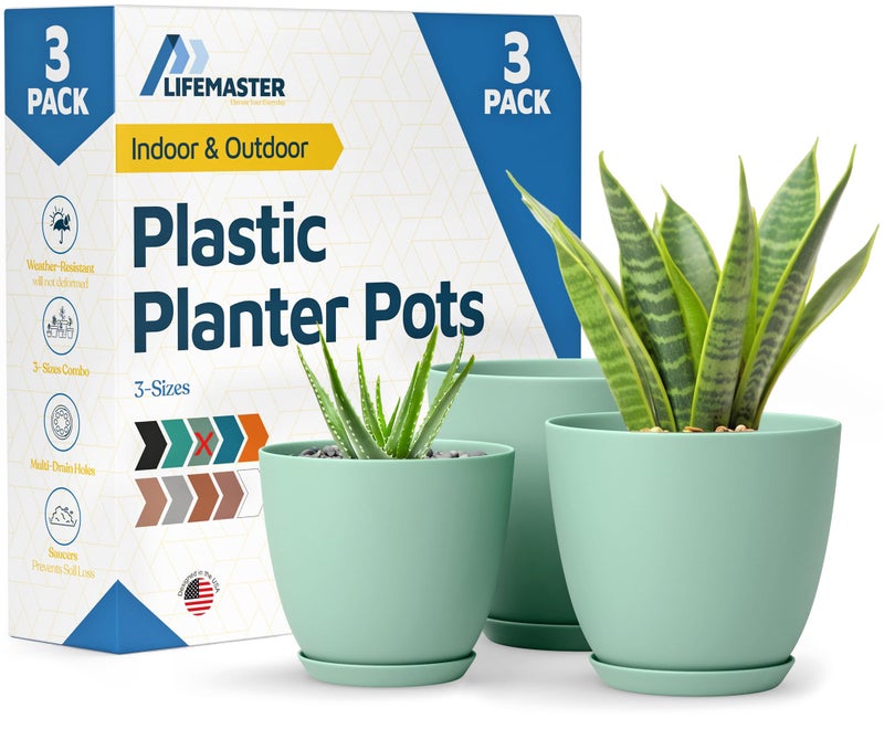 LifeMaster Mint Plant Pots with Drainage Holes & Saucers 3 Pack, Indoor & Outdoor Stackable Space-Saving Planters for Houseplants & Flowers, (7", 6.7", and 6" Inches), Durable & Weatherproof Materials - Image 1