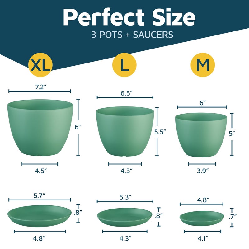 LifeMaster Mint Plant Pots with Drainage Holes & Saucers 3 Pack, Indoor & Outdoor Stackable Space-Saving Planters for Houseplants & Flowers, (7", 6.7", and 6" Inches), Durable & Weatherproof Materials - Image 2