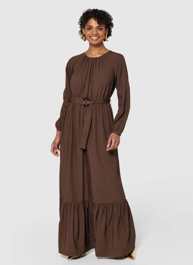 Closet London Belted Crew Neck Tiered Dress