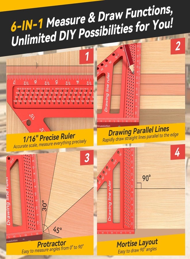 Housolution 8.5Inch 3D 6-in-1 Carpenter Square (1/16" Precision), 0-90° Aluminum Alloy Carpenter Square, Woodworking Protractor Drawing Line, Miter Triangle Ruler High Precision Layout, Red - Image 3