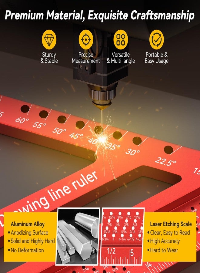 Housolution 8.5Inch 3D 6-in-1 Carpenter Square (1/16" Precision), 0-90° Aluminum Alloy Carpenter Square, Woodworking Protractor Drawing Line, Miter Triangle Ruler High Precision Layout, Red - Image 5