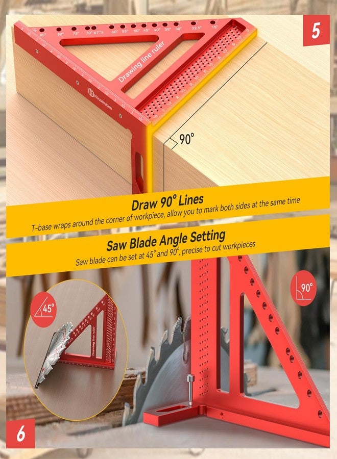 Housolution 8.5Inch 3D 6-in-1 Carpenter Square (1/16" Precision), 0-90° Aluminum Alloy Carpenter Square, Woodworking Protractor Drawing Line, Miter Triangle Ruler High Precision Layout, Red - Image 4