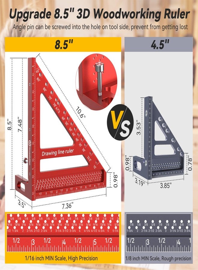 Housolution 8.5Inch 3D 6-in-1 Carpenter Square (1/16" Precision), 0-90° Aluminum Alloy Carpenter Square, Woodworking Protractor Drawing Line, Miter Triangle Ruler High Precision Layout, Red - Image 2