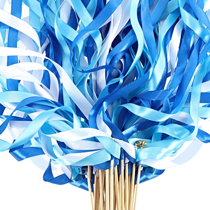 Chalyna 100 Pieces Lace Ribbon Wedding Wand Sticks Colorful Ribbon Streamers Party Ribbon Streamers with Bells Silk Fairy Stick Wands for Wedding Party Holiday ActivitiesBlue Light Blue White
