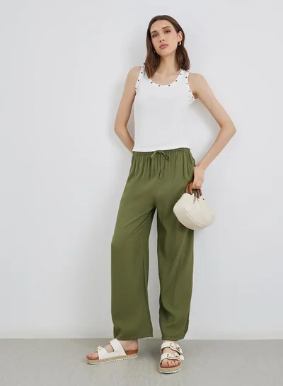 Take Two Khaki Solid Drawstring Waist Pocket Detail Pants