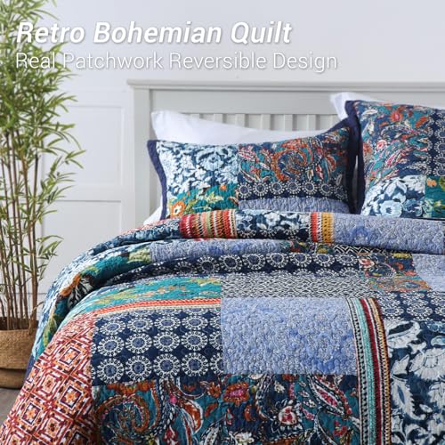 Yvooxny Queen Quilt Set Reversible Lightweight Bohemian Paisley Patchwork Cotton Quilted Bedspread Coverlet Set 3-Piece Bedding Set with Shams for All Seasons, Queen Size, 98 * 90 Inches - Image 2