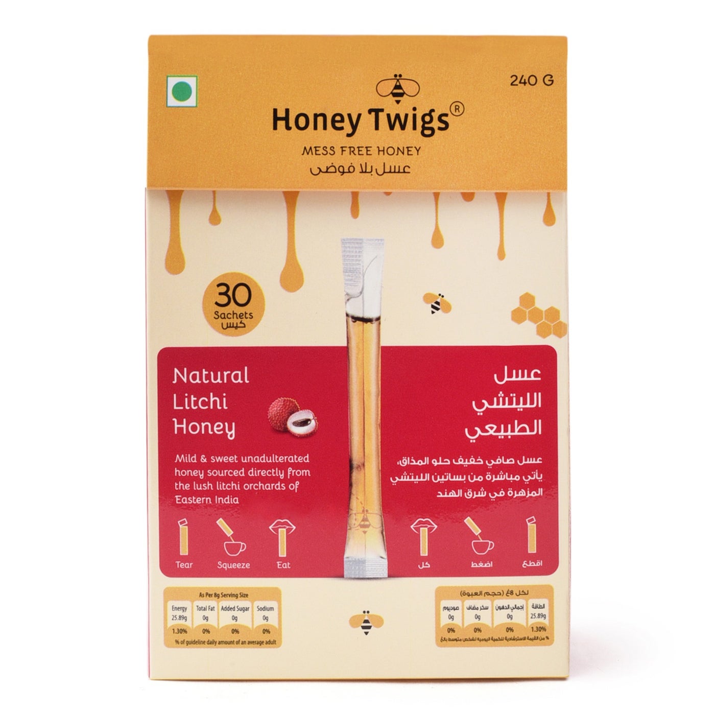 Honey Twigs Litchi Honey, 240gms (30x8g Single Sachets) Grade A Uni-flower Honey - Traceable Source | Zero Additives | Zero Added Sugar | For Overall Immunity