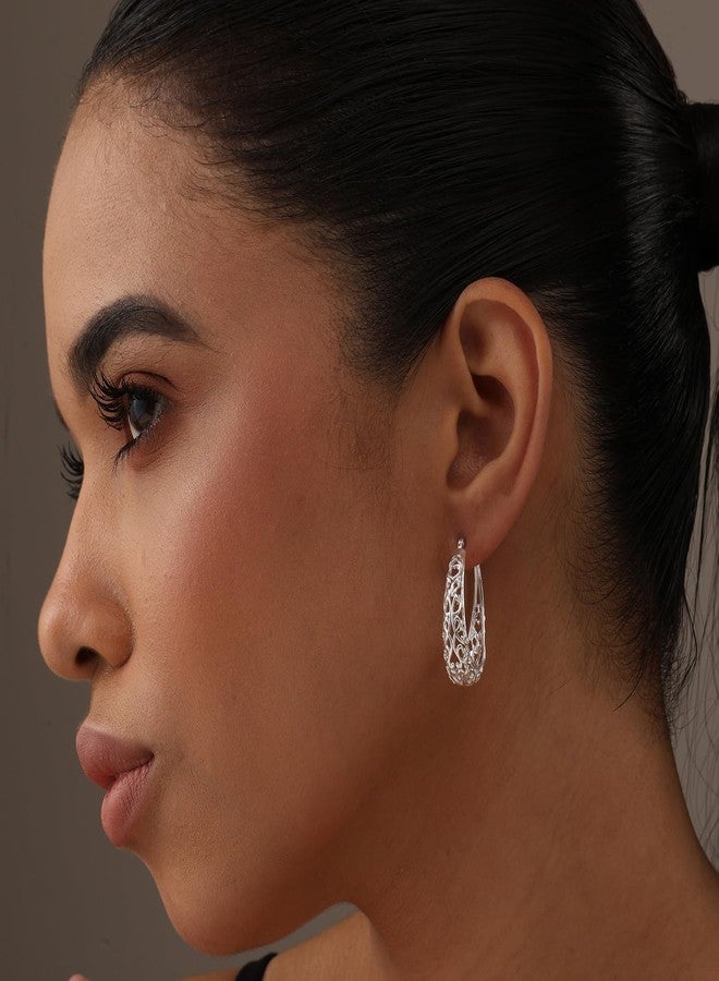 ليكالا أقراط حلقية من الفضة الإسترليني عيار 925 من ليكالا | أقراط حلقية نسائية مزخرفة | أقراط شبكية مفتوحة مزخرفة | أقراط حلقية خفيفة الوزن ومضادة للحساسية بتصميم كلاسيكي للنساء، مقاس متوسط، فضة إسترليني - Image 3