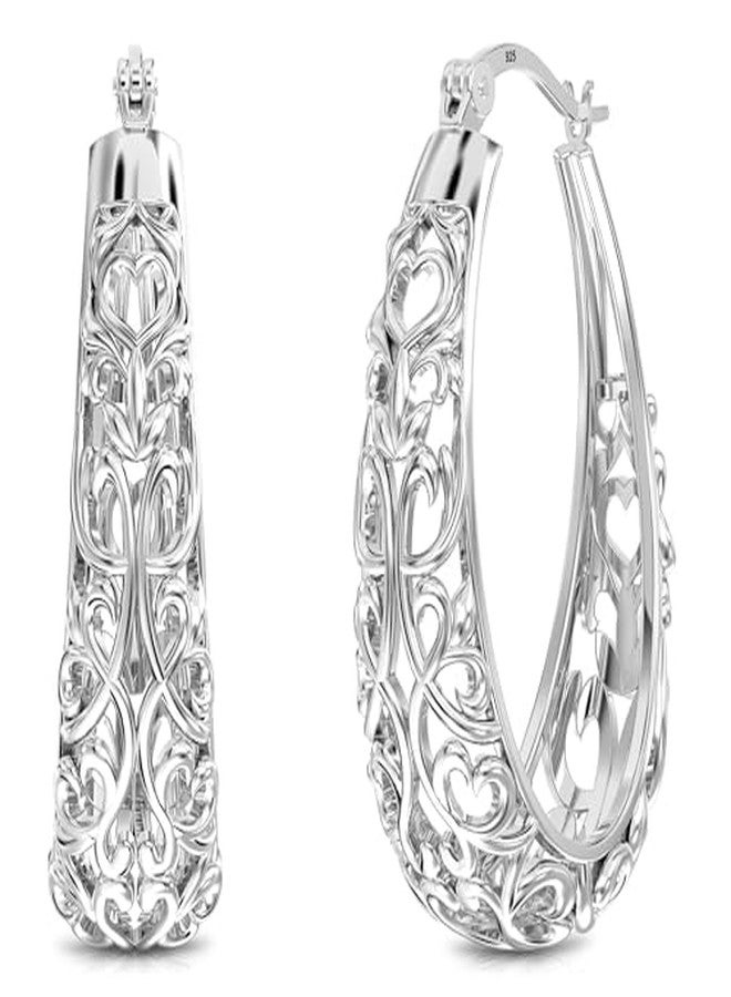 ليكالا أقراط حلقية من الفضة الإسترليني عيار 925 من ليكالا | أقراط حلقية نسائية مزخرفة | أقراط شبكية مفتوحة مزخرفة | أقراط حلقية خفيفة الوزن ومضادة للحساسية بتصميم كلاسيكي للنساء، مقاس متوسط، فضة إسترليني - Image 2