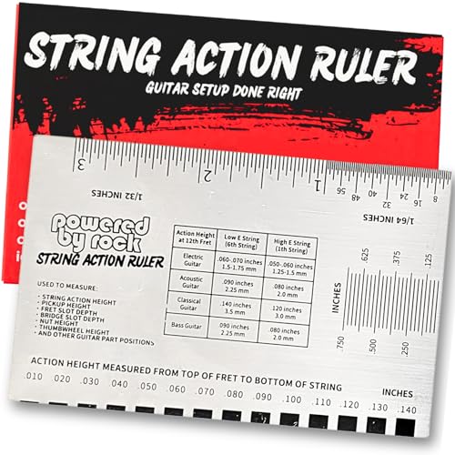 Powered By Rock String Action Gauge for Guitars - Precision Setup Tool for Accurate Neck Relief, String Height, and Bridge Adjustments - String Action Ruler with Easy-to-Read Markings - Image 1