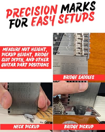 Powered By Rock String Action Gauge for Guitars - Precision Setup Tool for Accurate Neck Relief, String Height, and Bridge Adjustments - String Action Ruler with Easy-to-Read Markings - Image 2