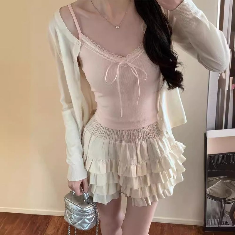Women's Lace Camisole Top with Bow, Slim Fit, Short Length - Image 2