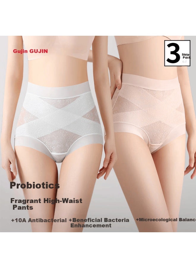 Gujin Women's High-waist Shaping Lace Seamless Antibacterial Breathable Thin Girl's Triangle Panties 3-pack 10a - Image 1