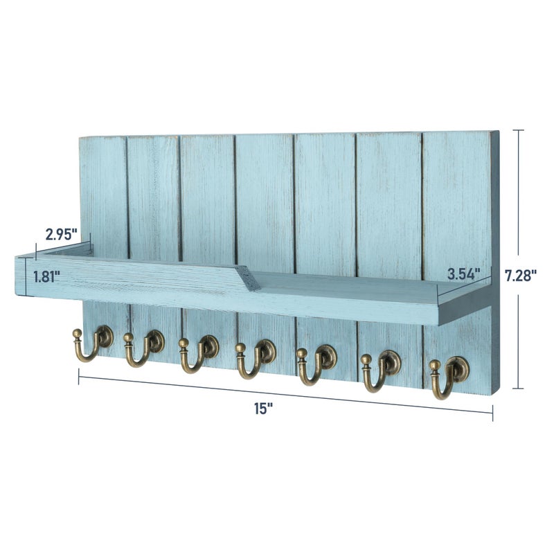 Rebee Vision Decorative Key Holder Wall Mount - Modern Farmhouse Key and Mail Holder for Wall with Shelf and 7 Key Hooks for Mail Organizer - Mid Century Aesthetic Room Decor (Distressed Blue,15-inch) - Image 5