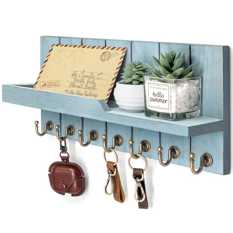 Rebee Vision Decorative Key Holder Wall Mount - Modern Farmhouse Key and Mail Holder for Wall with Shelf and 7 Key Hooks for Mail Organizer - Mid Century Aesthetic Room Decor (Distressed Blue,15-inch) - Image 1