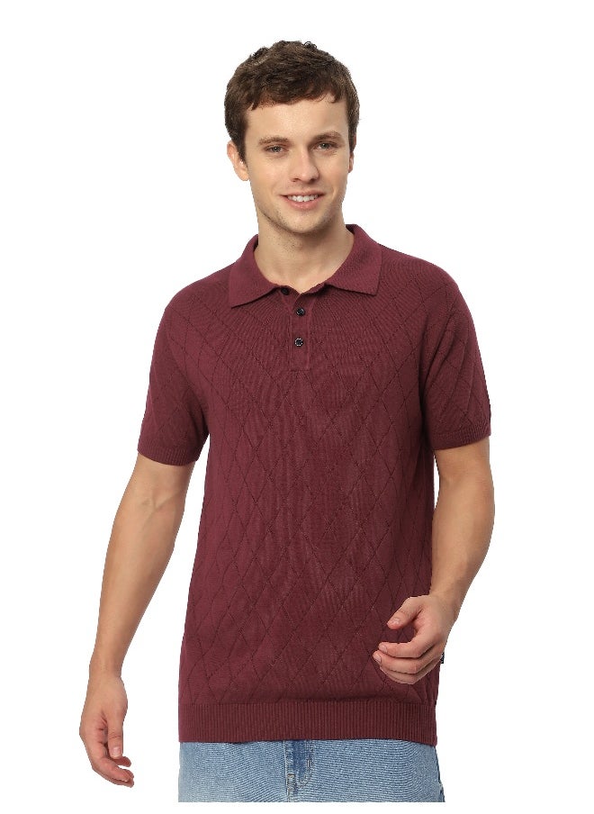 Beyoung Maroon Diamond Textured Flat Knit Polo T-Shirt for Men  - Image 3