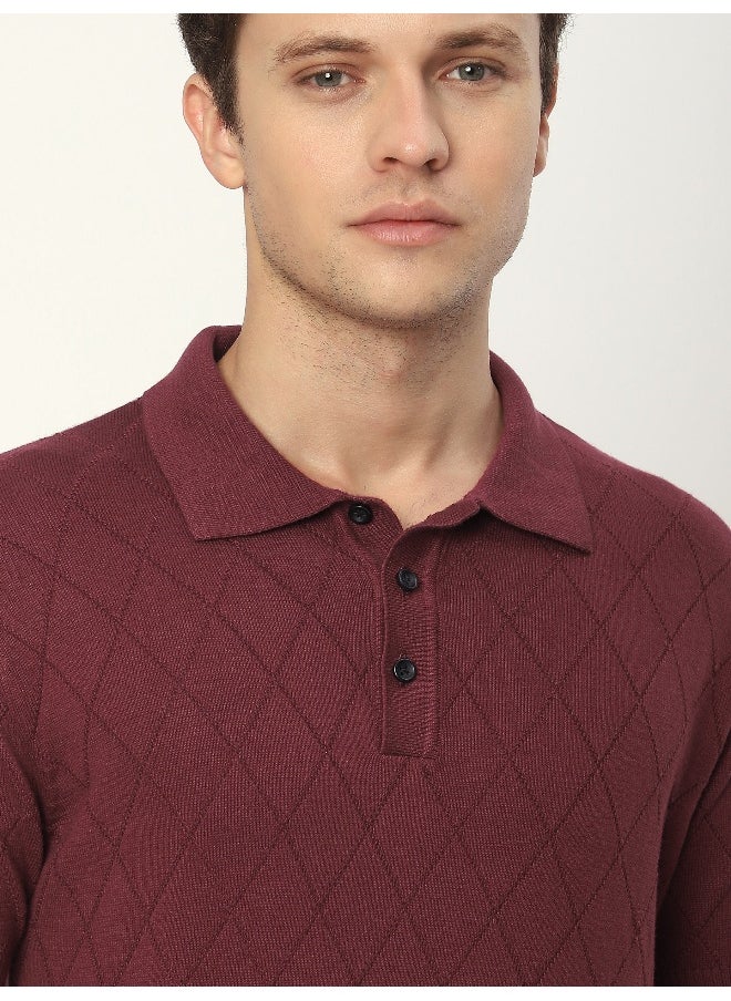 Beyoung Maroon Diamond Textured Flat Knit Polo T-Shirt for Men  - Image 5