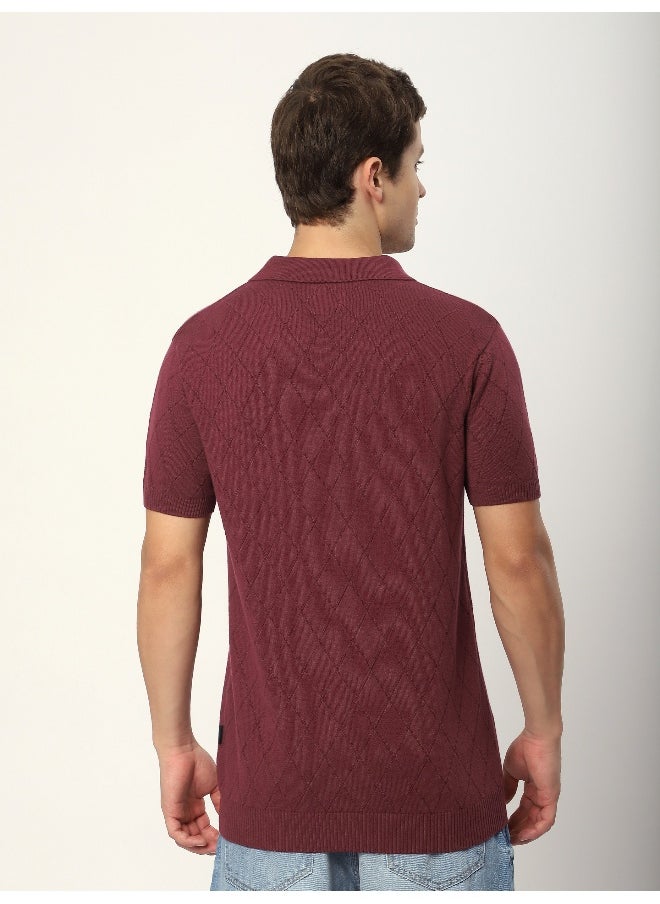 Beyoung Maroon Diamond Textured Flat Knit Polo T-Shirt for Men  - Image 2