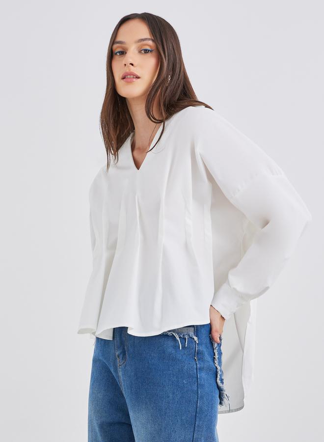 ستايلي قميص نسائي أبيض بطيات أمامية وهيم منسدل - Image 3