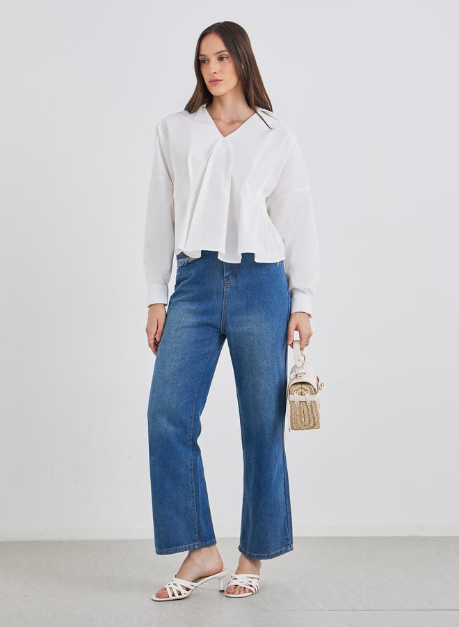 ستايلي قميص نسائي أبيض بطيات أمامية وهيم منسدل - Image 2