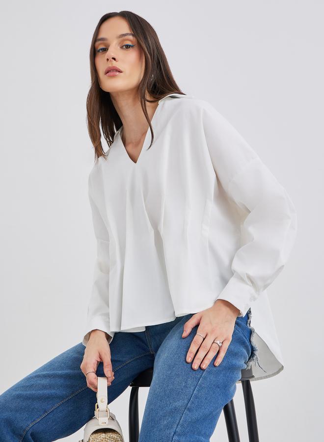 ستايلي قميص نسائي أبيض بطيات أمامية وهيم منسدل - Image 1