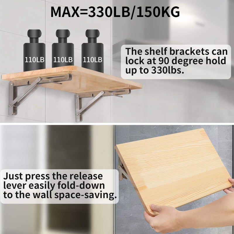 YUMORE Folding Shelf Brackets 16 Inch, Max Load: 330lb Heavy Duty Stainless Steel Collapsible Shelf Bracket for Table Work Bench, Space Saving DIY Bracket, Pack of 2 - Image 4