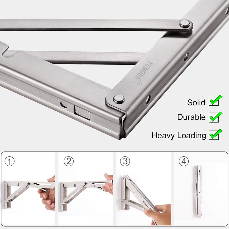 YUMORE Folding Shelf Brackets 16 Inch, Max Load: 330lb Heavy Duty Stainless Steel Collapsible Shelf Bracket for Table Work Bench, Space Saving DIY Bracket, Pack of 2 - Image 2