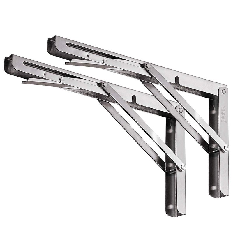 YUMORE Folding Shelf Brackets 16 Inch, Max Load: 330lb Heavy Duty Stainless Steel Collapsible Shelf Bracket for Table Work Bench, Space Saving DIY Bracket, Pack of 2 - Image 1