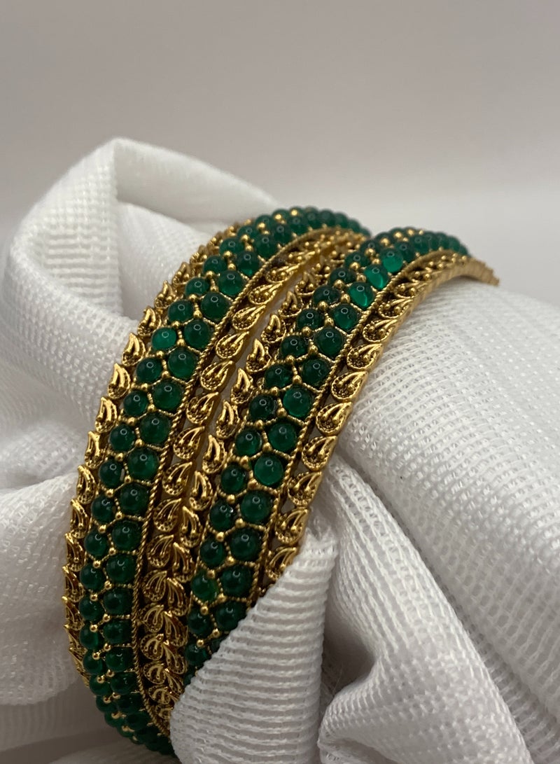 Amazing Gold Bangles for Women | Green Beads & Matte-Finish  - Image 1