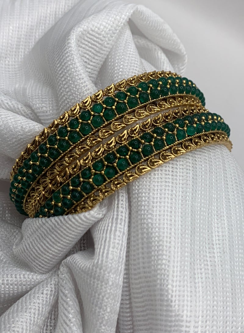 Amazing Gold Bangles for Women | Green Beads & Matte-Finish  - Image 2