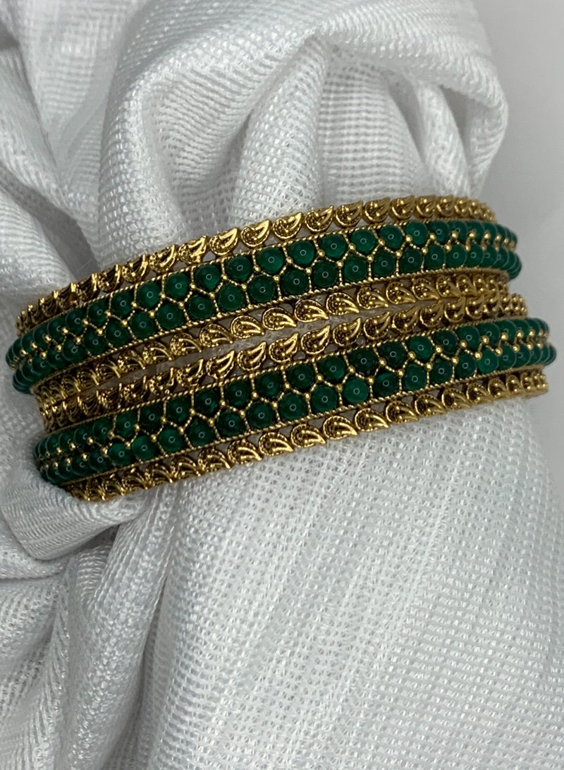 Amazing Gold Bangles for Women | Green Beads & Matte-Finish  - Image 3