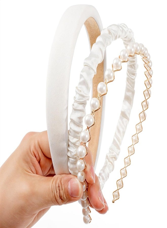 Dimeho 3 PCS Headbands for Women, White Non Slip Pearl Headband Fashion Headbands Twisted Headband Wide Headband Elegent Cute Thin Hair Headbands Vintage Womens Head Bands Hair Accessories - Image 1