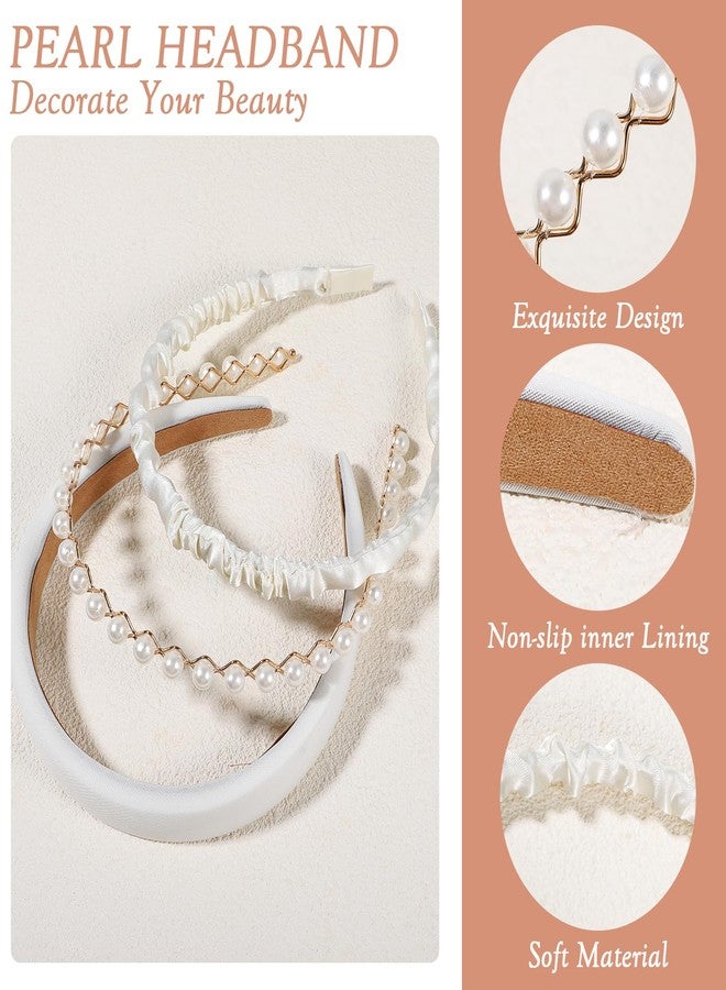 Dimeho 3 PCS Headbands for Women, White Non Slip Pearl Headband Fashion Headbands Twisted Headband Wide Headband Elegent Cute Thin Hair Headbands Vintage Womens Head Bands Hair Accessories - Image 3